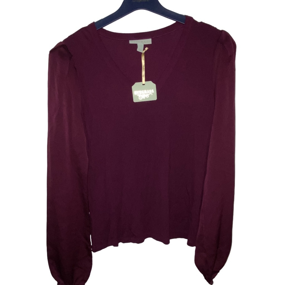 Women's Ryegrass Purple Wine Long Sleeve Ruched Shoulder V-Neck Top Size L NWT